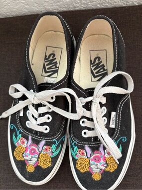Vans Black Canvas Sneakers with Multicolor Floral Skull Embroidery
